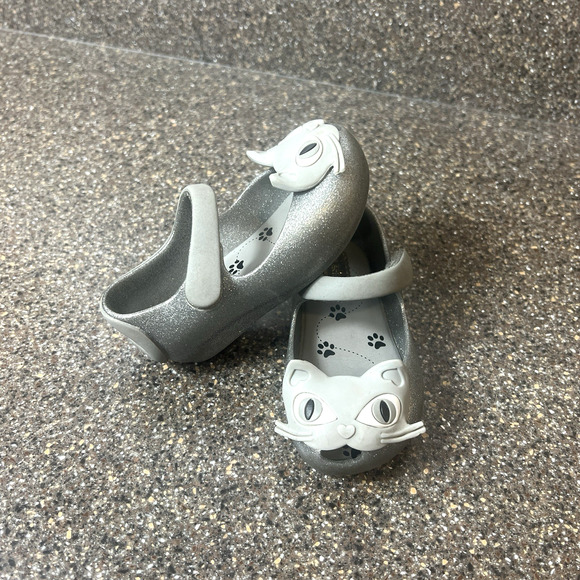 Mini Melissa Mary Jane Kids Little Girl Toddler 6 Silver Cat Glitter Rubber Shoe - Picture 2 of 10
